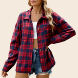 Lapel Long Sleeve Pocket Button Plaid Shirt Top Women