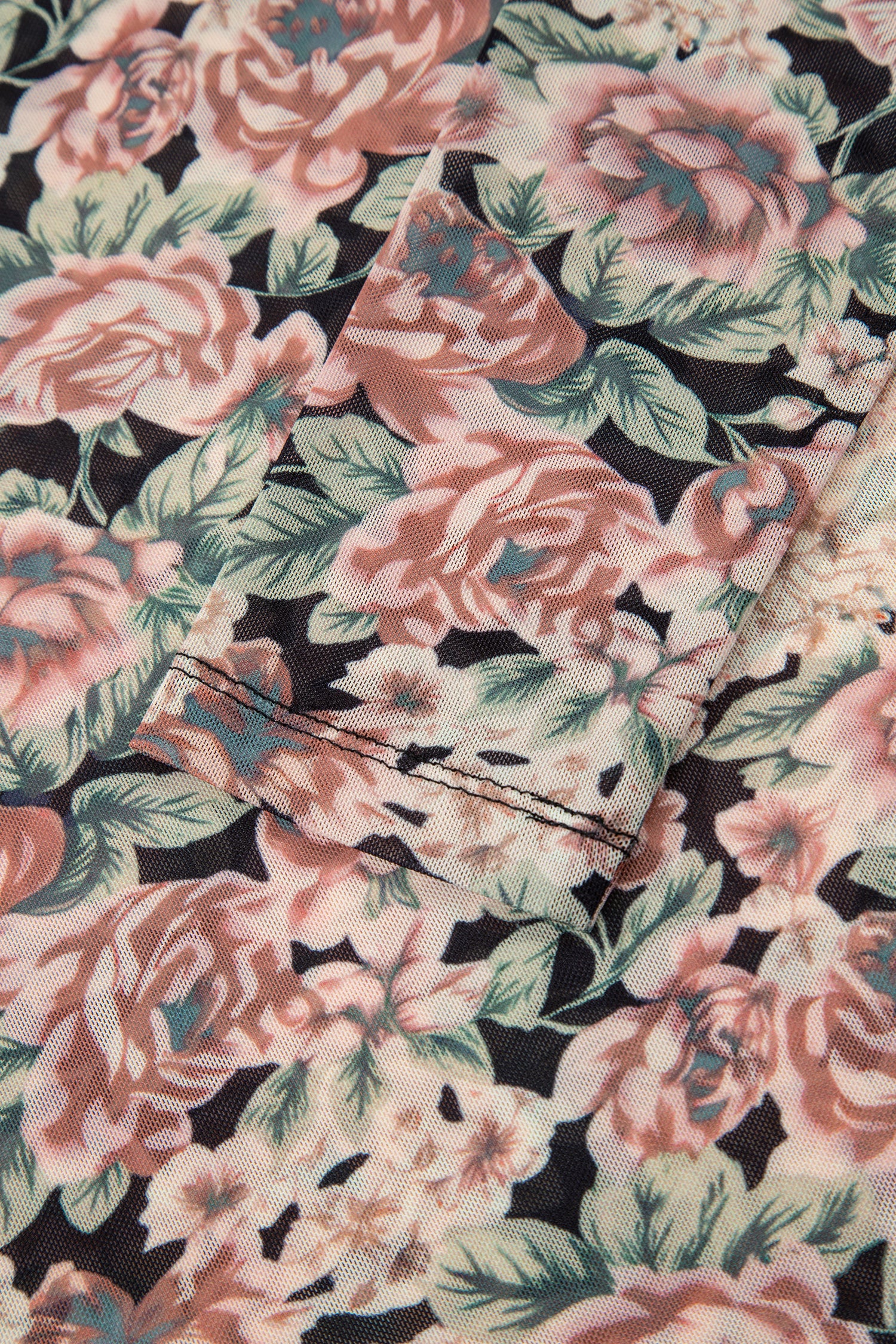 Black Floral Print Mesh Long Sleeve Foldover Off Shoulder Top