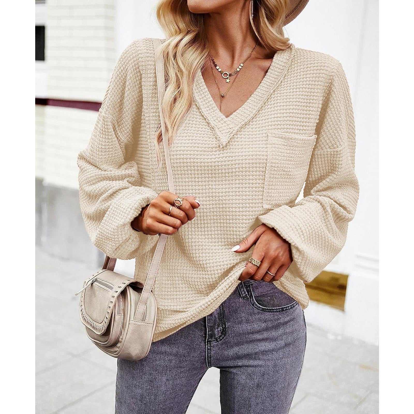 Women's Waffle Knit Raw Edge V-Neck Long Sleeve Blouse with Balloon Cuffs, Casual Loose Fit, Chest Pocket