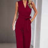 Women's Collared Neck Sleeveless Long Elastane Solid Overalls - Minimalist Classic Casual Chic Comfortable Business Jumpsuit, Spring-Summer Commuting Workwear Essential