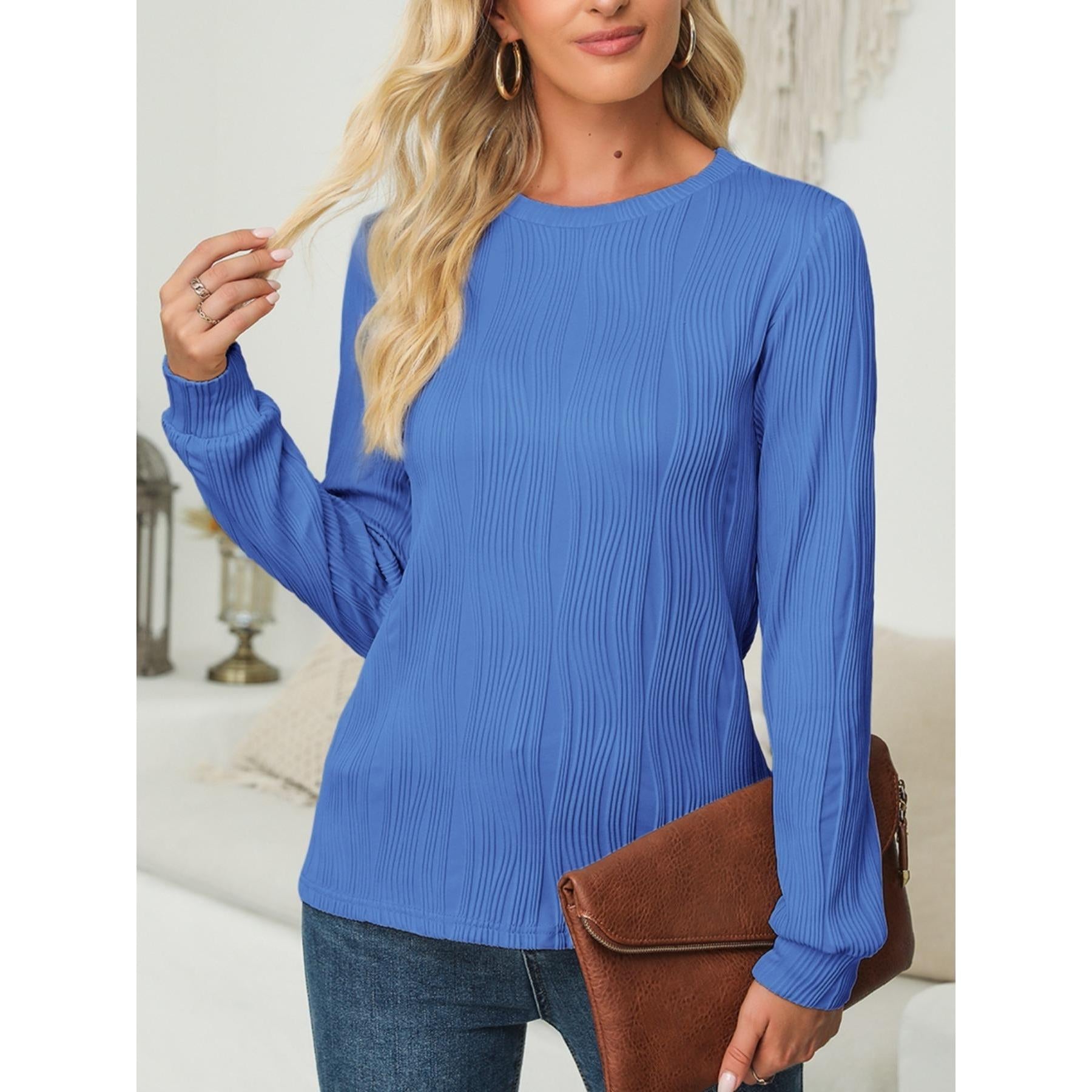 Women Wavy Textured Crew Neck Long Sleeve Top, Casual Lantern Sleeve Loose Fit Solid Color Basic Blouse, Fall Daily Wear Shirts