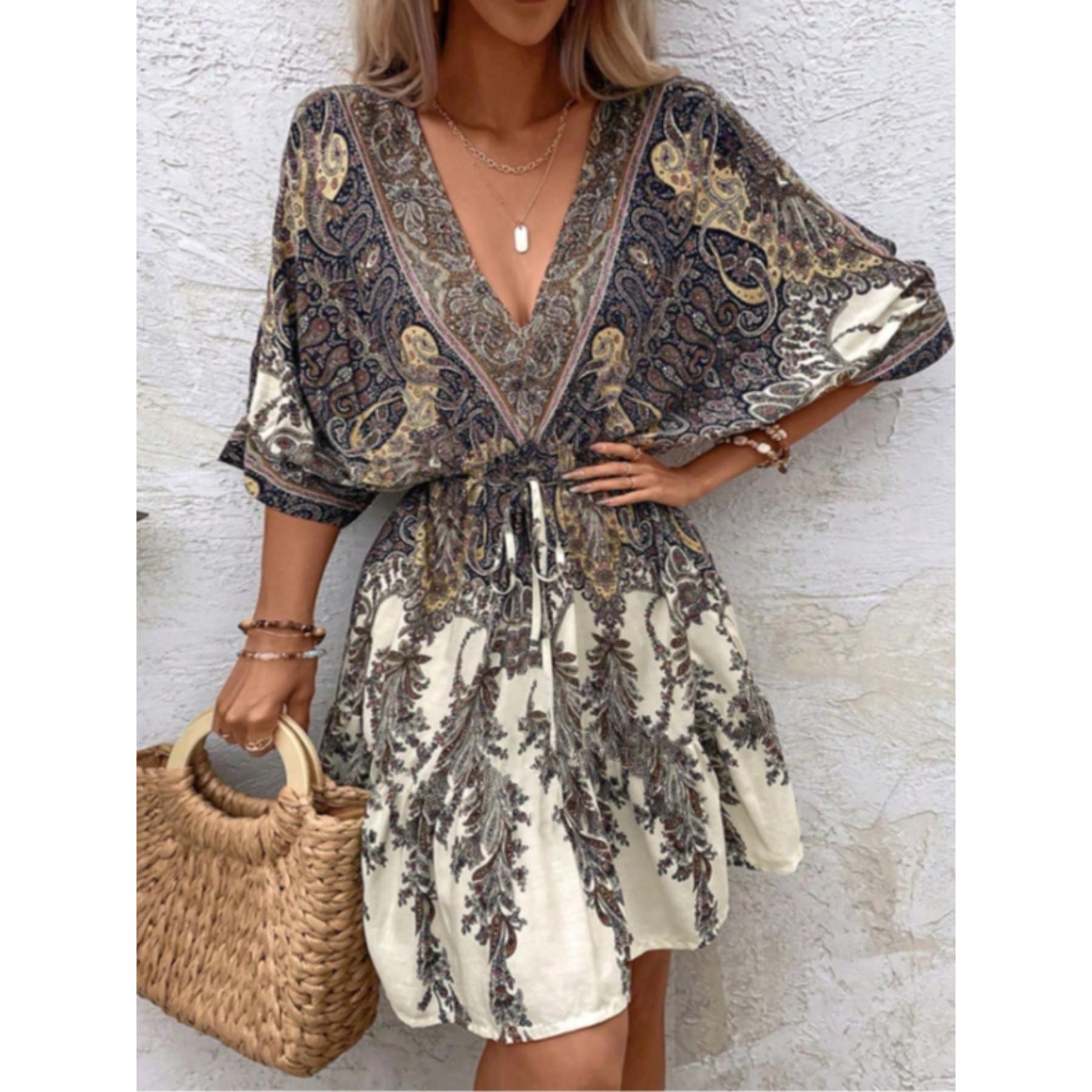 Women's Vintage Loose Boho Casual Paisley Print Mini Dress - Deep V-Neck, Batwing Sleeves, Drawstring Waist, Tiered Ruffled Hem, Gradient Fabric Summer Beach Vacation Dress