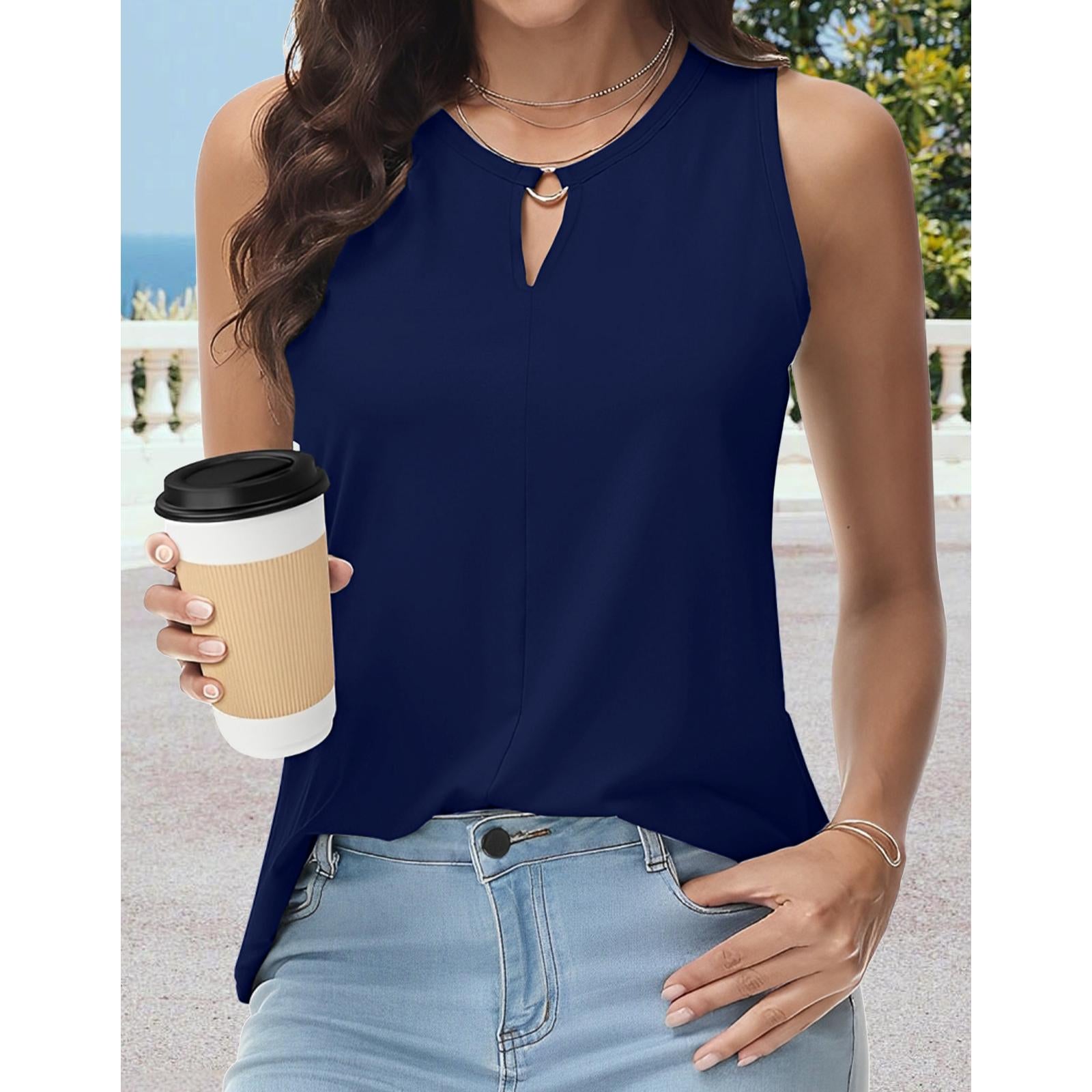 Women's Keyhole Metal Ring Neck Sleeveless Tank Top, Casual Loose Fit Summer Solid Color Basic Halter Tank Shirts