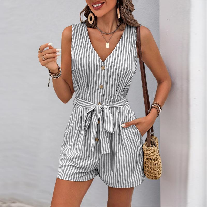 Women's Sleeveless Striped V Neck Romper, Button Down Tie Waist Shorts Jumpsuit, Casual Summer One Piece Outfit with Pockets