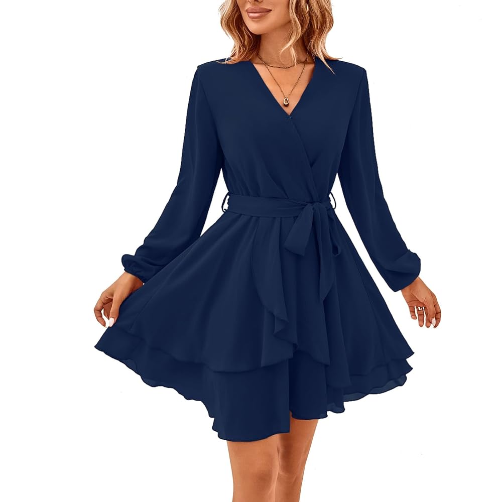 Women's Breathable Chic V-Neck Wrap Lantern Long-Sleeve Chiffon Dress - Belt Tie Waist, Layered Ruffle A-Line Mini Dress for Day, Evening, Casual Cocktail Occasions (Emerald Option Available)