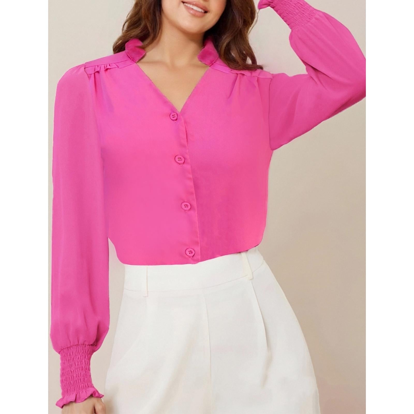 Women's V-Neck Ruffle Collar Long Sleeve Blouse, Smocked Cuff Button Down Puff Sleeve Elegant Work Chiffon Top
