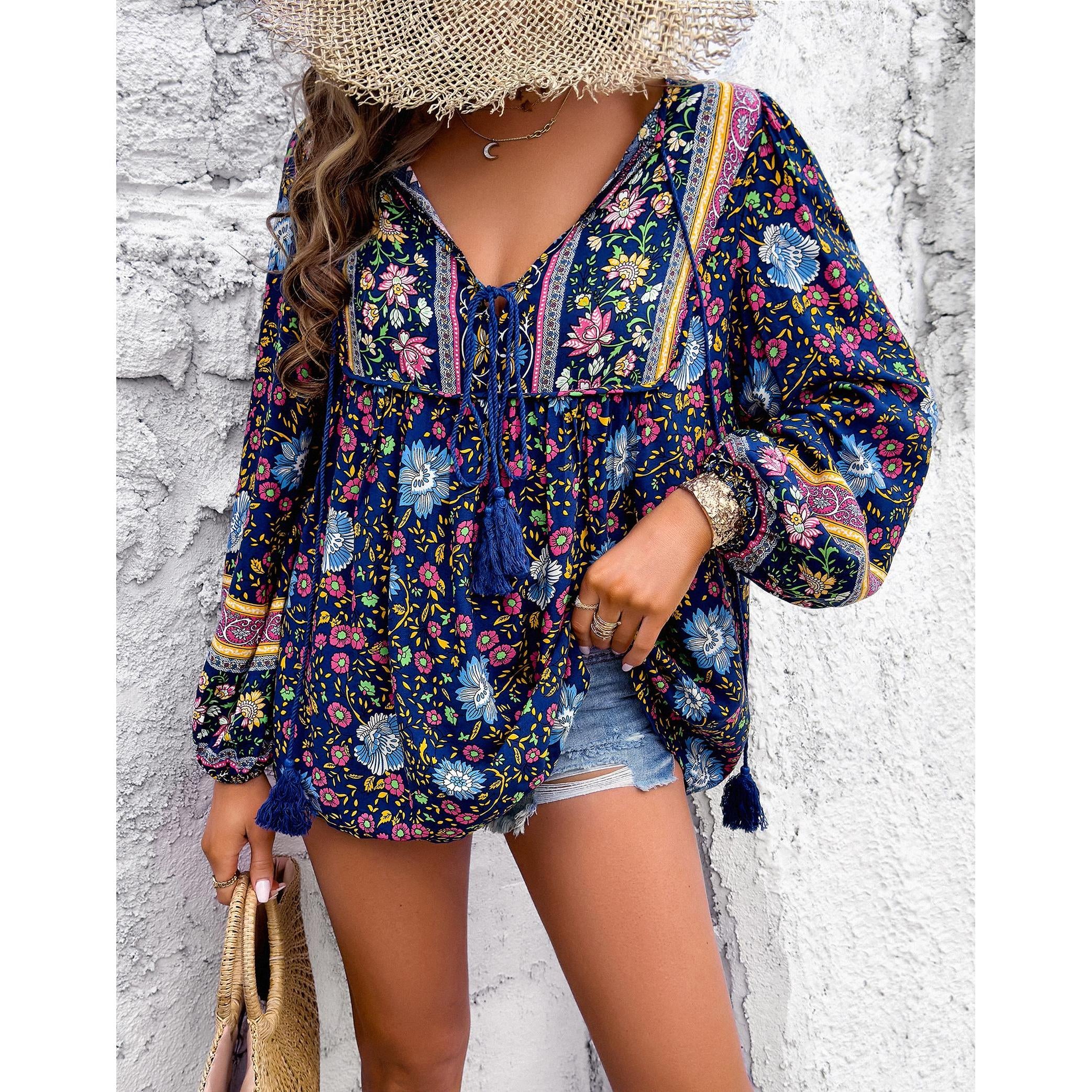 Women's Chic Bohemian Floral Print Blouse - Elegant V-Neck Drawstring Tassel Tie, Long Lantern Sleeves, Loose Comfortable Ethnic Shirts for Summer Beach Vacation Style