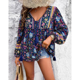 Women's Chic Bohemian Floral Print Blouse - Elegant V-Neck Drawstring Tassel Tie, Long Lantern Sleeves, Loose Comfortable Ethnic Shirts for Summer Beach Vacation Style