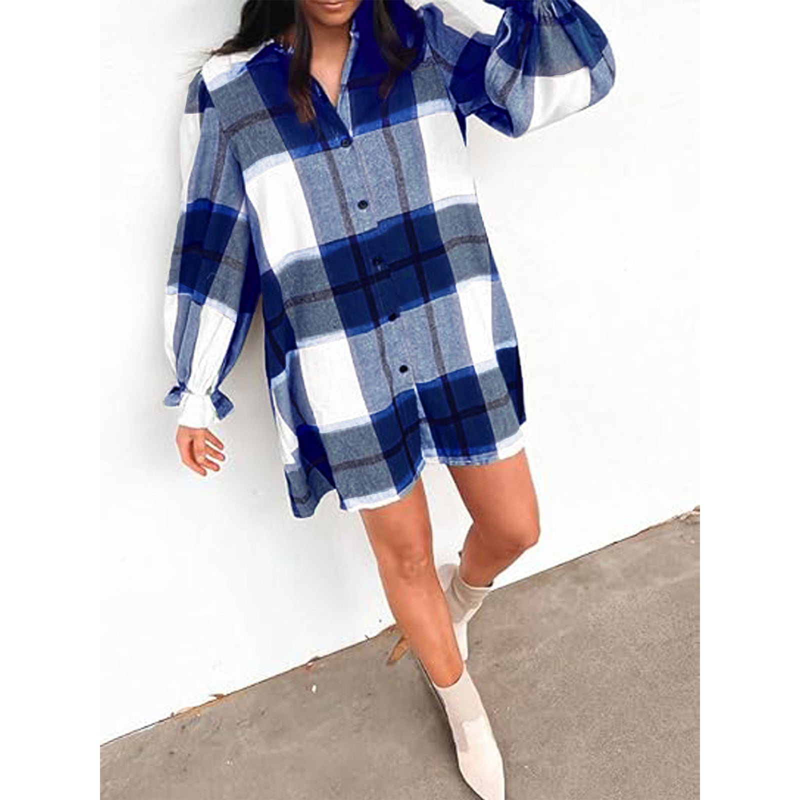 Women's Long Sleeve Flannel Plaid Button Down Shirts Lapels Casual Blouse