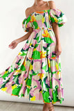 Women Bubble Sleeve Holiday Skinny Long Dress High Waist Shoulder Print Dress
