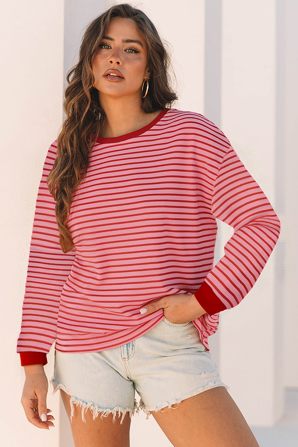Pink Stripe Textured Round Neck Drop Shoulder Long Sleeve T Shirt