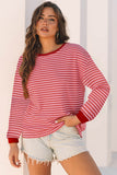 Pink Stripe Textured Round Neck Drop Shoulder Long Sleeve T Shirt