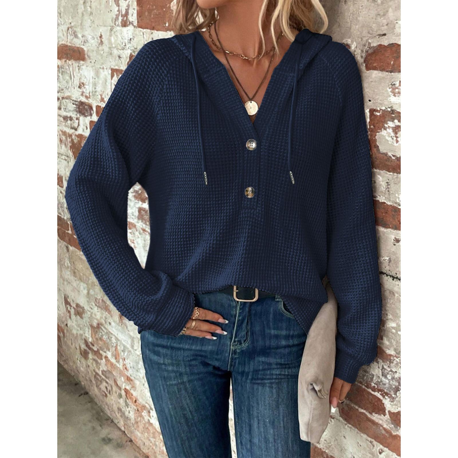Women's Waffle Knit Henley Hoodie Long Sleeve Drawstring Button V Neck Casual Loose Fit Basic Tops