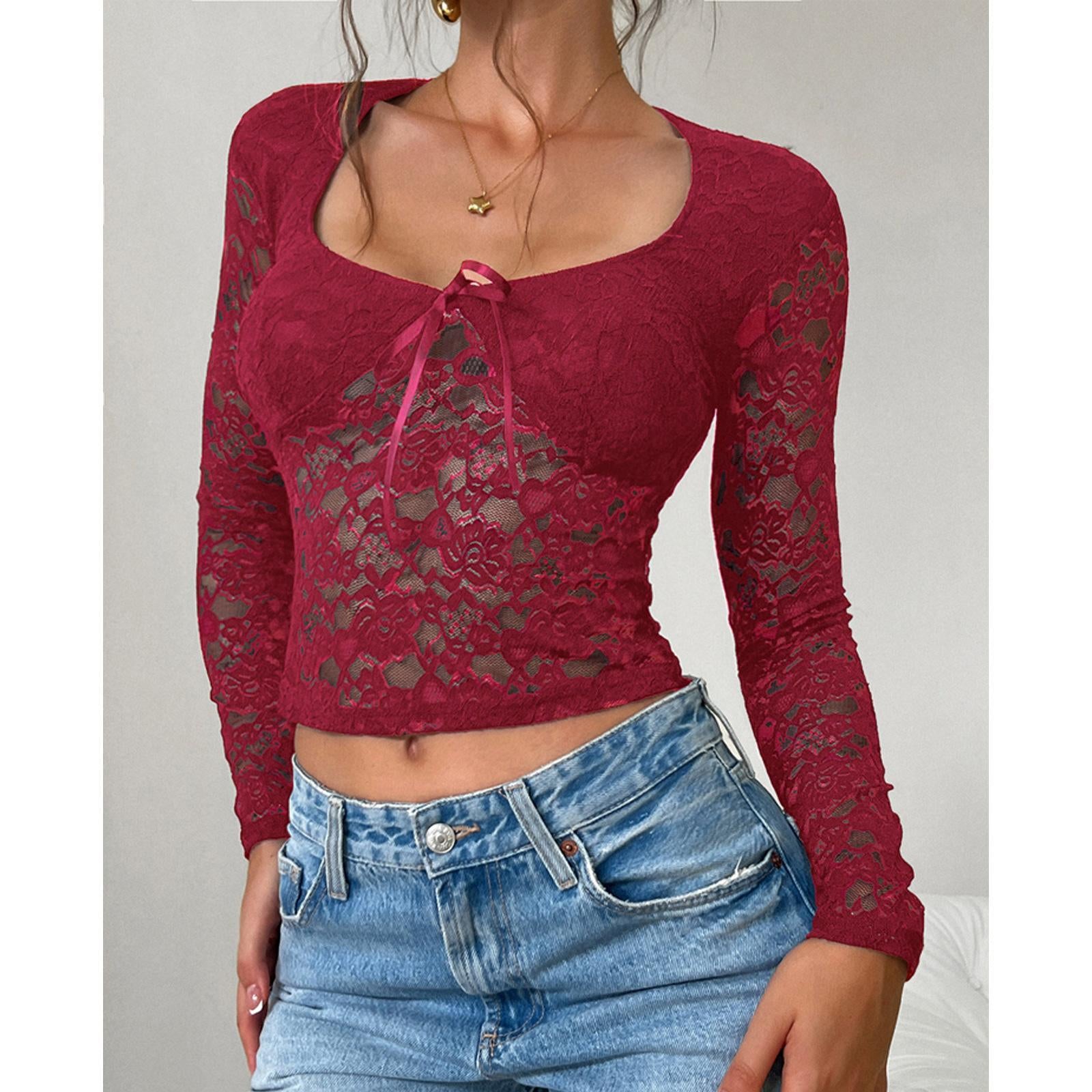 Women's Sheer Floral Lace Cropped Blouse - Light Fabric, Deep V-Neck, Front Tie, Long Sleeve, Slim Fitted, Y2K Sexy Lady Going Out Top, Styling-Compatible with Cargo Pants