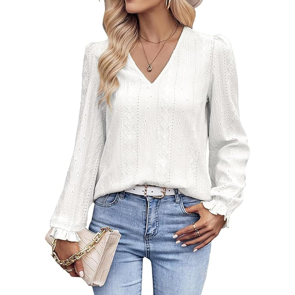 Women's V-Neck Puff Long Sleeve Denim Blouse - Basic Bohemian Style, Elastic Eyelet Embroidery, Solid Comfortable Fabric, Day-to-Everyday Feminine Casual Loose Top