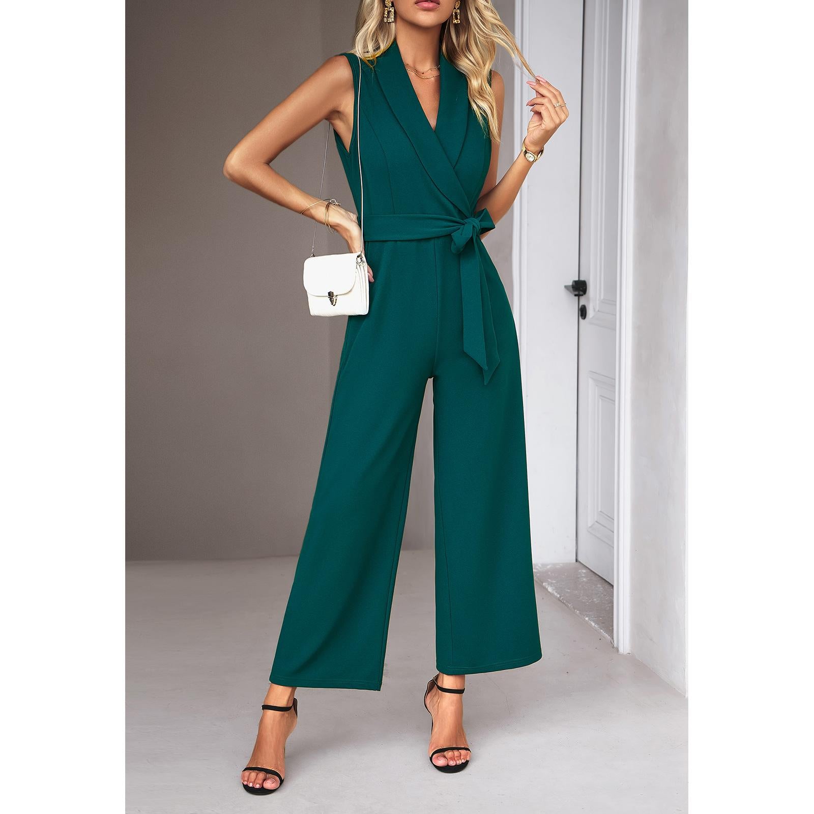Women's Collared Neck Sleeveless Long Elastane Solid Overalls - Minimalist Classic Casual Chic Comfortable Business Jumpsuit, Spring-Summer Commuting Workwear Essential