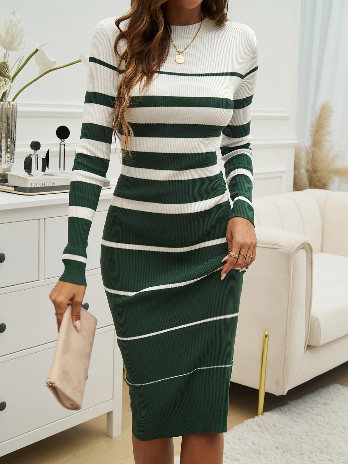 Women Striped Knit Midi Dress Long Sleeve Crew Neck Bodycon Dress Elegant Slim Fit Ribbed Knitwear Fall Winter Party Casual Dresses for Women