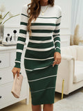 Women Striped Knit Midi Dress Long Sleeve Crew Neck Bodycon Dress Elegant Slim Fit Ribbed Knitwear Fall Winter Party Casual Dresses for Women