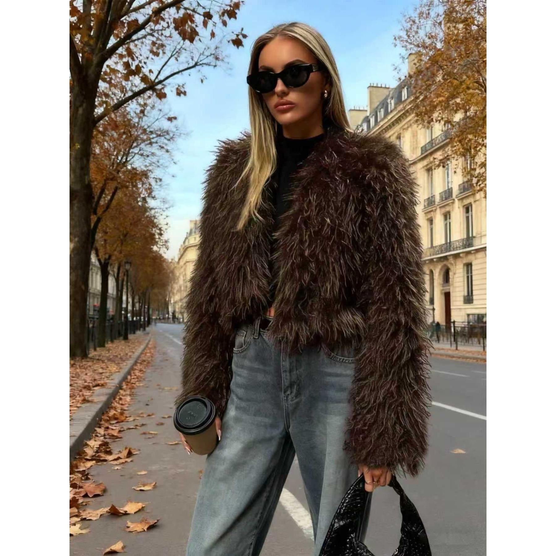Women Shaggy Faux Fur Cropped Jacket, Long Fluffy Mongolian Faux Fur Open Front Short Coat, Trendy Fall Winter Streetwear Outerwear for Night Out Party