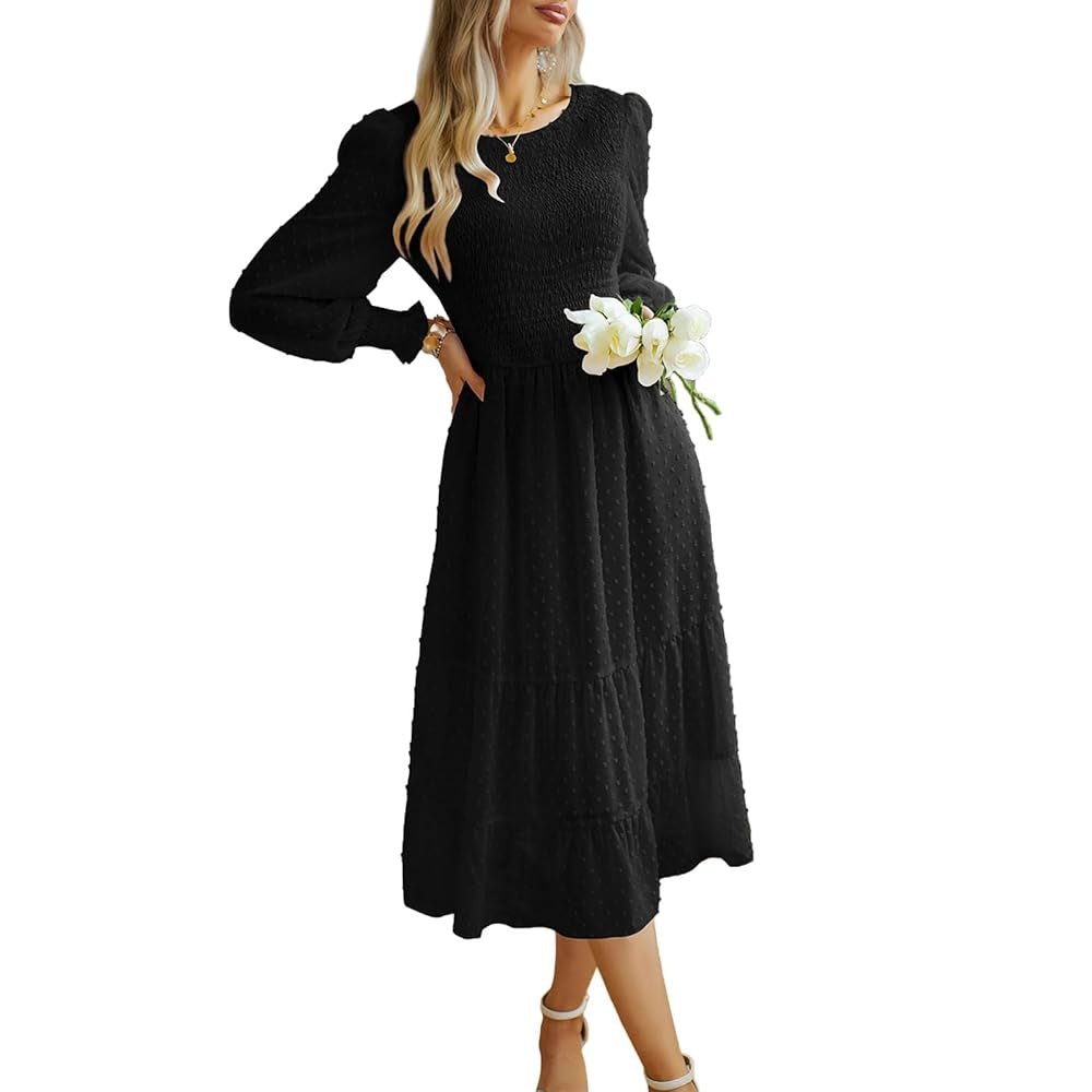 Women's Swiss Dot Long Sleeve Midi Dress - Round Neck Smocked Bodice, Tiered Flowy A-Line, Elastic Fabric, Feminine Balloon Casual Wear Dress