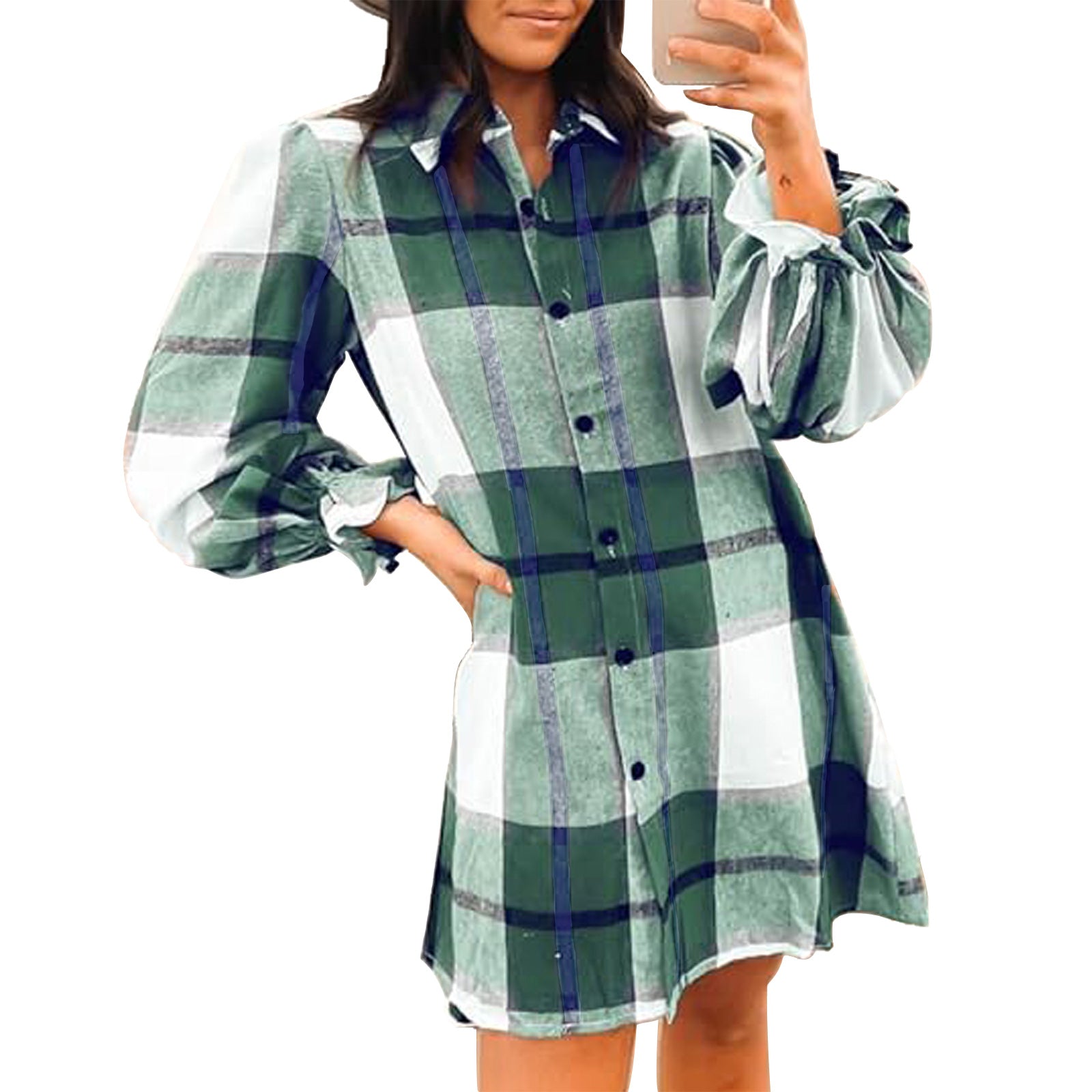 Women's Long Sleeve Flannel Plaid Button Down Shirts Lapels Casual Blouse
