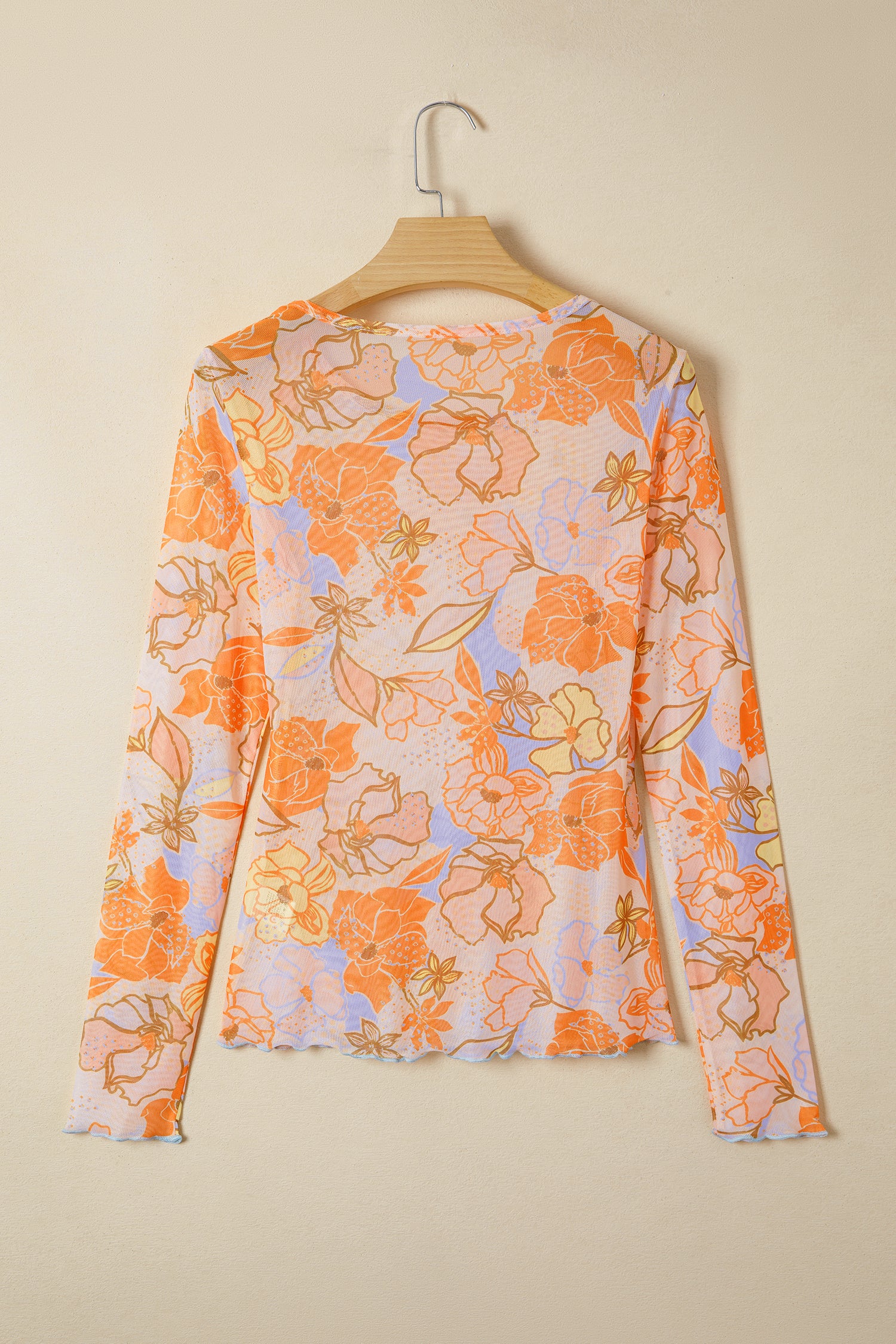 Multicolour Floral Print Lettuce Trim Slim Long Sleeve Top