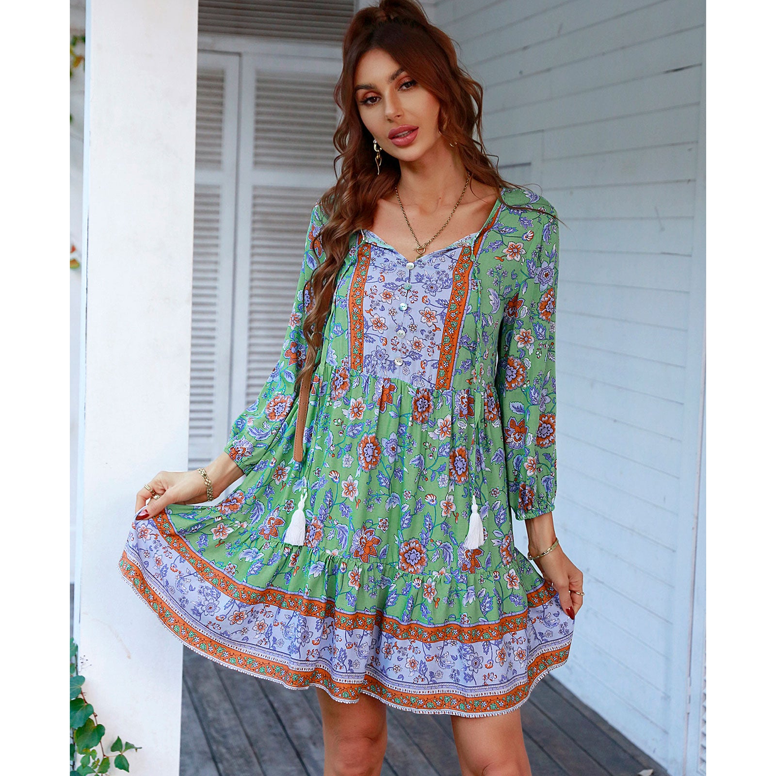 Women's Retro Bohemian Beach Casual Mini Dress - V-Neck, 3/4 Puff Sleeves, Lightweight Soft Elastic Ruffle Tiered Flowy Floral Print, Button Tassel Tie Breathable Summer Dress