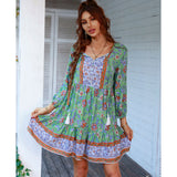 Women's Retro Bohemian Beach Casual Mini Dress - V-Neck, 3/4 Puff Sleeves, Lightweight Soft Elastic Ruffle Tiered Flowy Floral Print, Button Tassel Tie Breathable Summer Dress