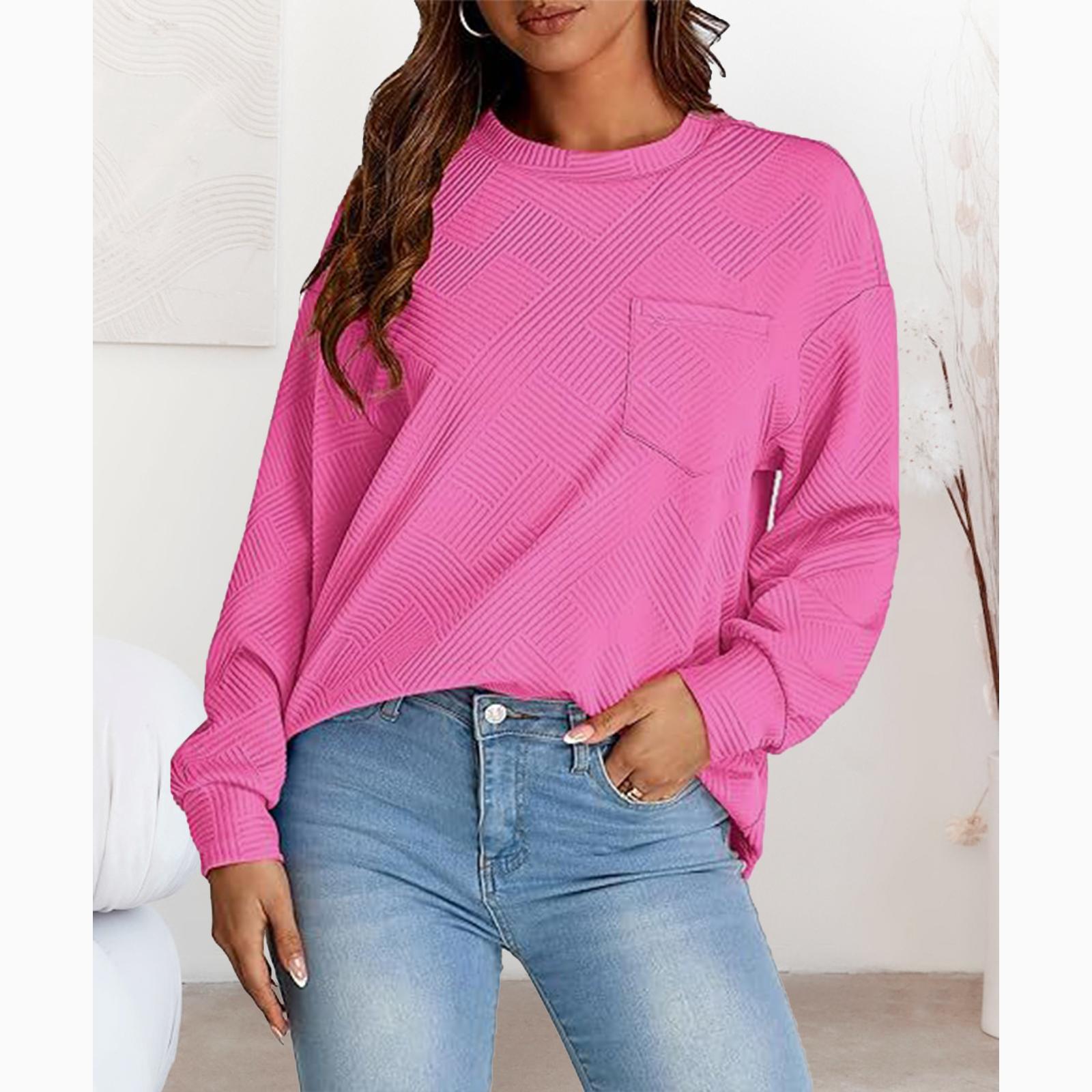 Women's Simple Soft Woven Geometric Jacquard Fabric Crew Neck Sweatshirt - Loose Drop Shoulder Long Sleeve Pullover with Ribbed Details, Casual Fall Basic Top