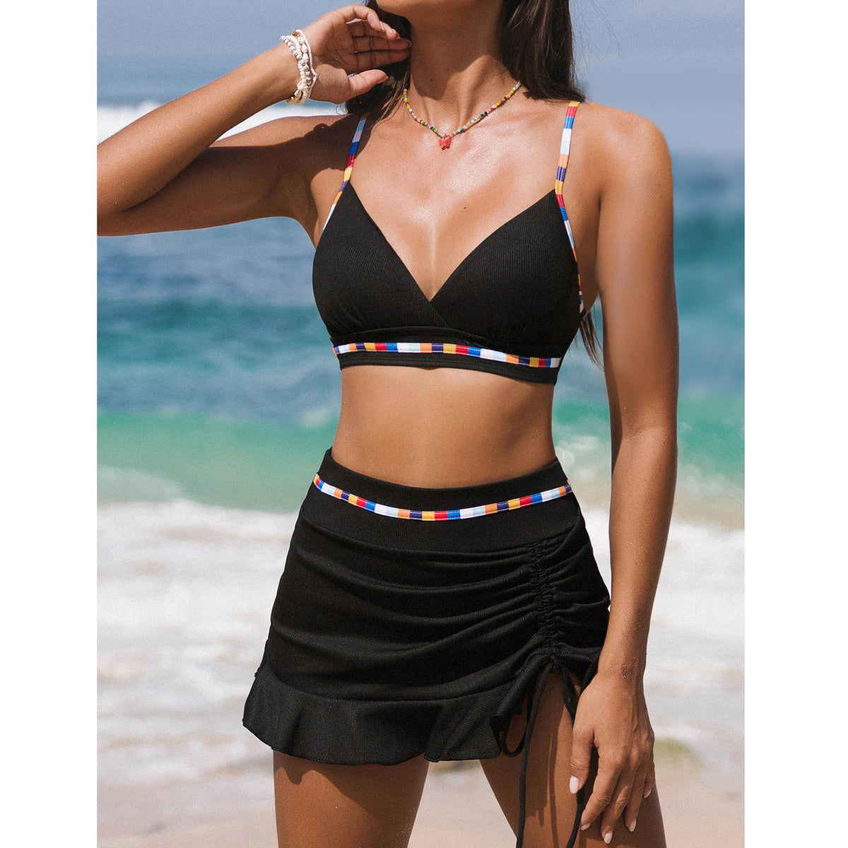 Solid Color Sexy Gathering Skirt Fashionable Women's Split Swimsuit