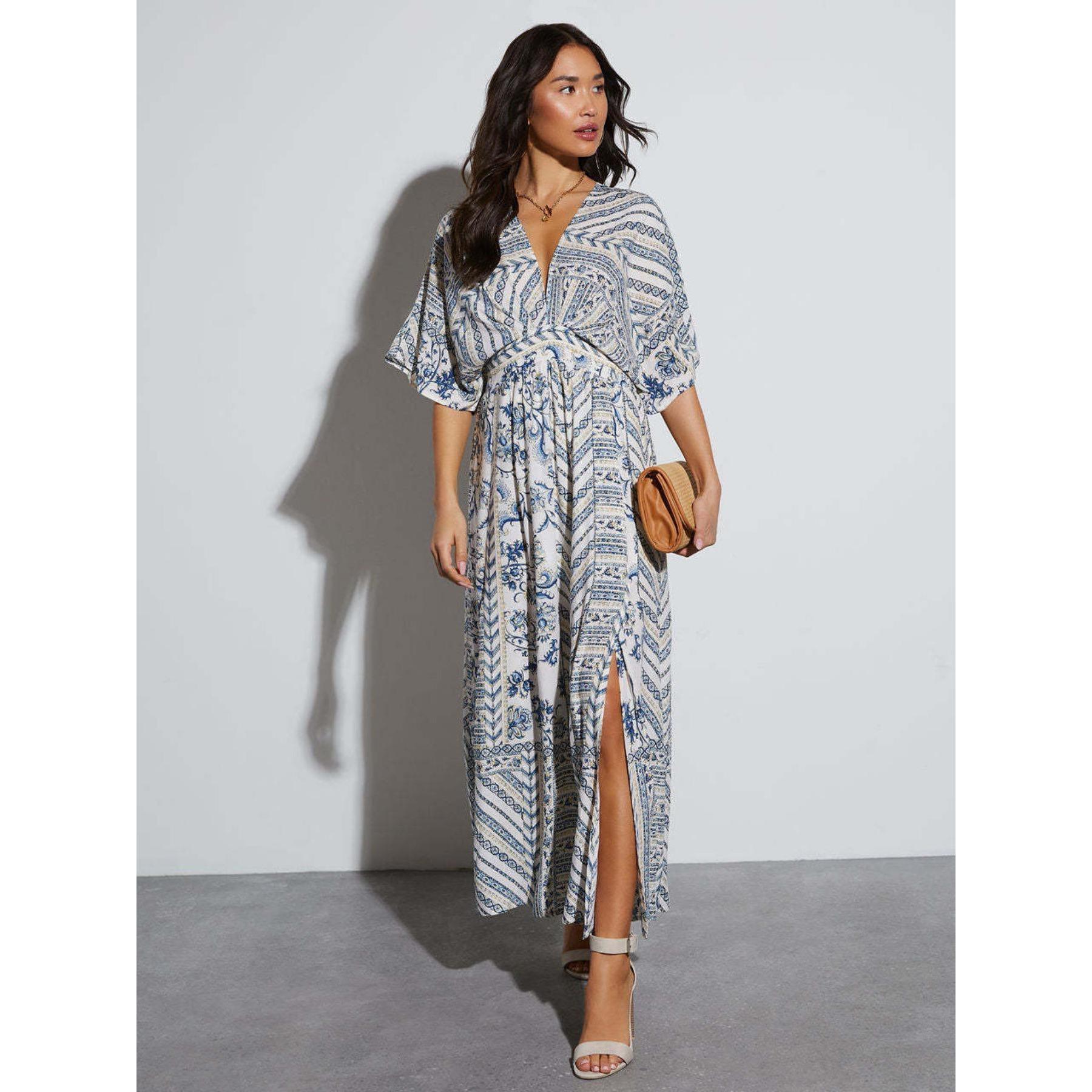 Women's Ethnic Print Bohemian Casual V-Neck Maxi Dress - Short Batwing Sleeves, Elastic Waist, Side Split, Flowy, Chic, Comfortable for Vacation, Beach