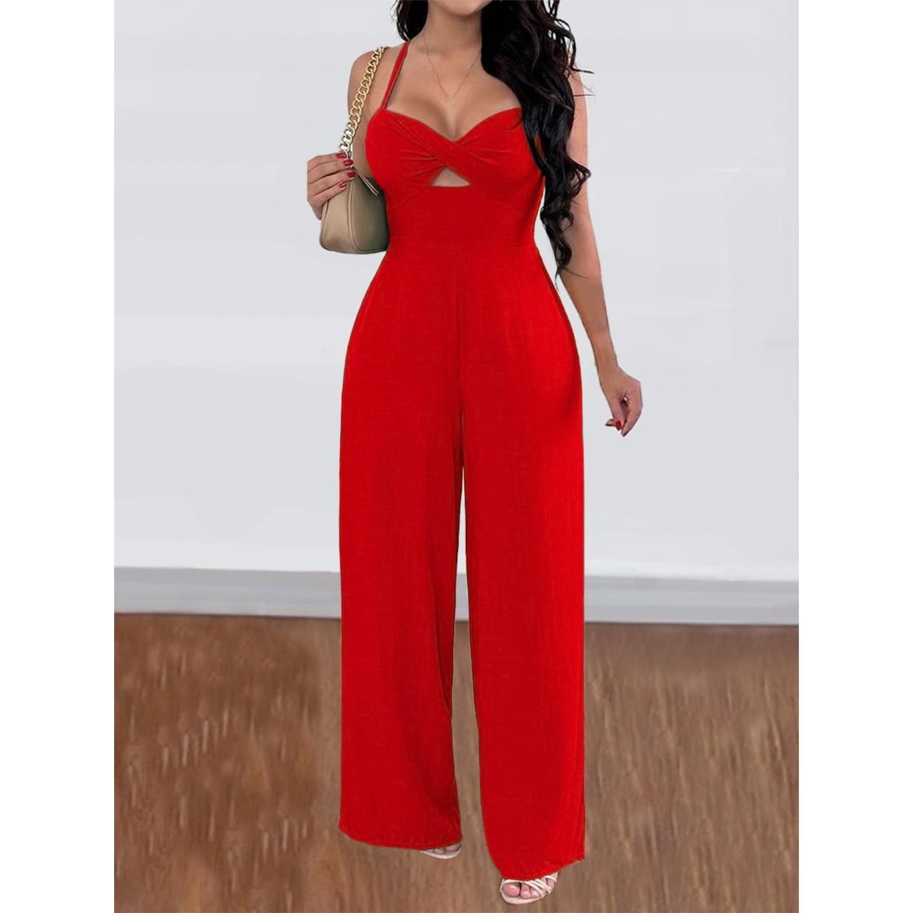 Women Spaghetti Strap Jumpsuit Twist Front Cutout Criss Cross Tie Back Wide Leg Elastic Waist Sleeveless Summer Party Romper