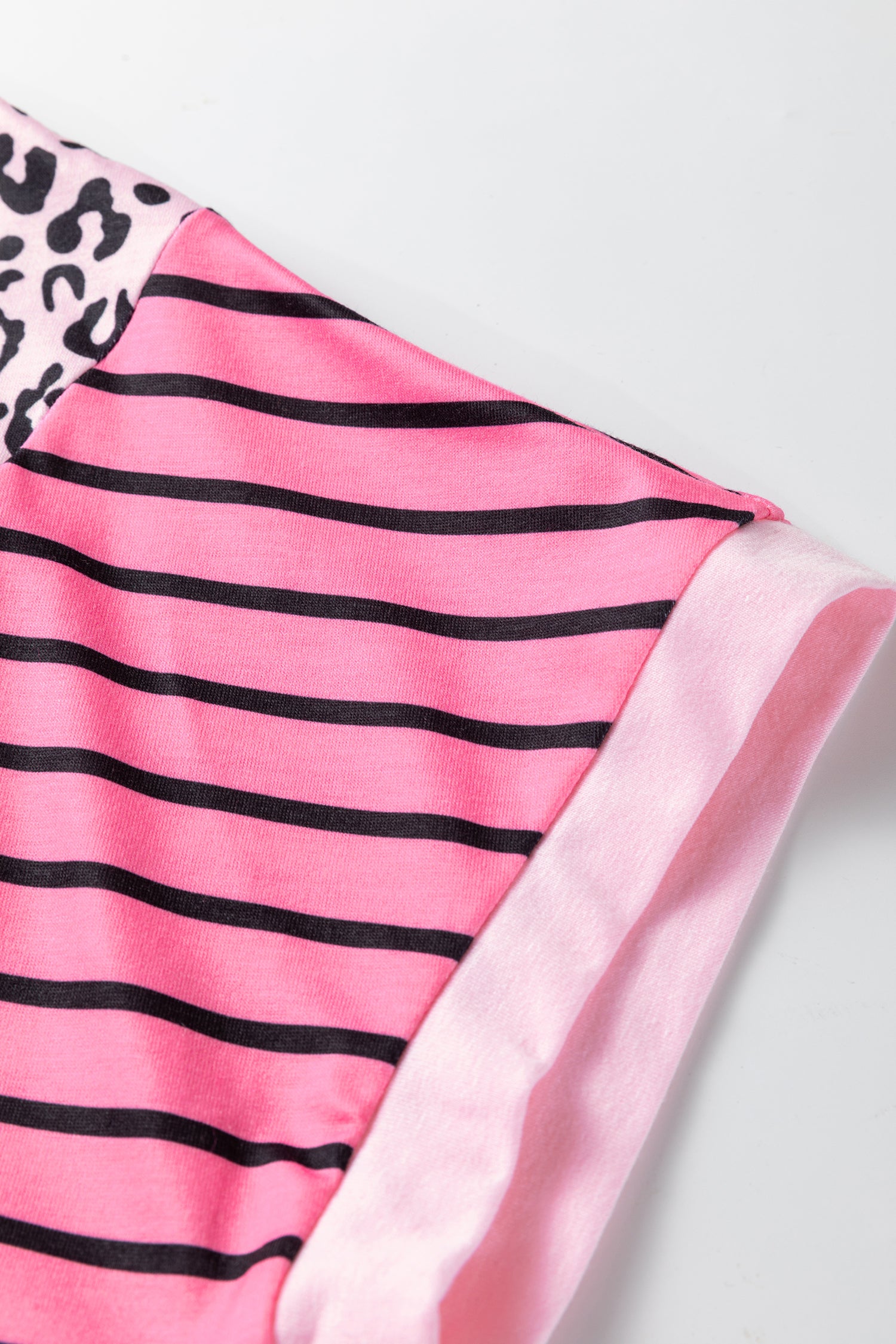 Pink Leopard Striped Patchwork Side Slit Loose Short Sleeve Top