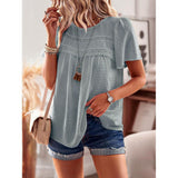 Women's Swiss Dot Lace Trim Short Sleeve Blouse - Casual Round Neck Flowy Loose Tunic Top for Summer, Blouses for Women
