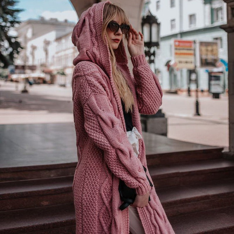 Women Solid Hooded Long Cardigan Sweater Twist Knitted Sweater