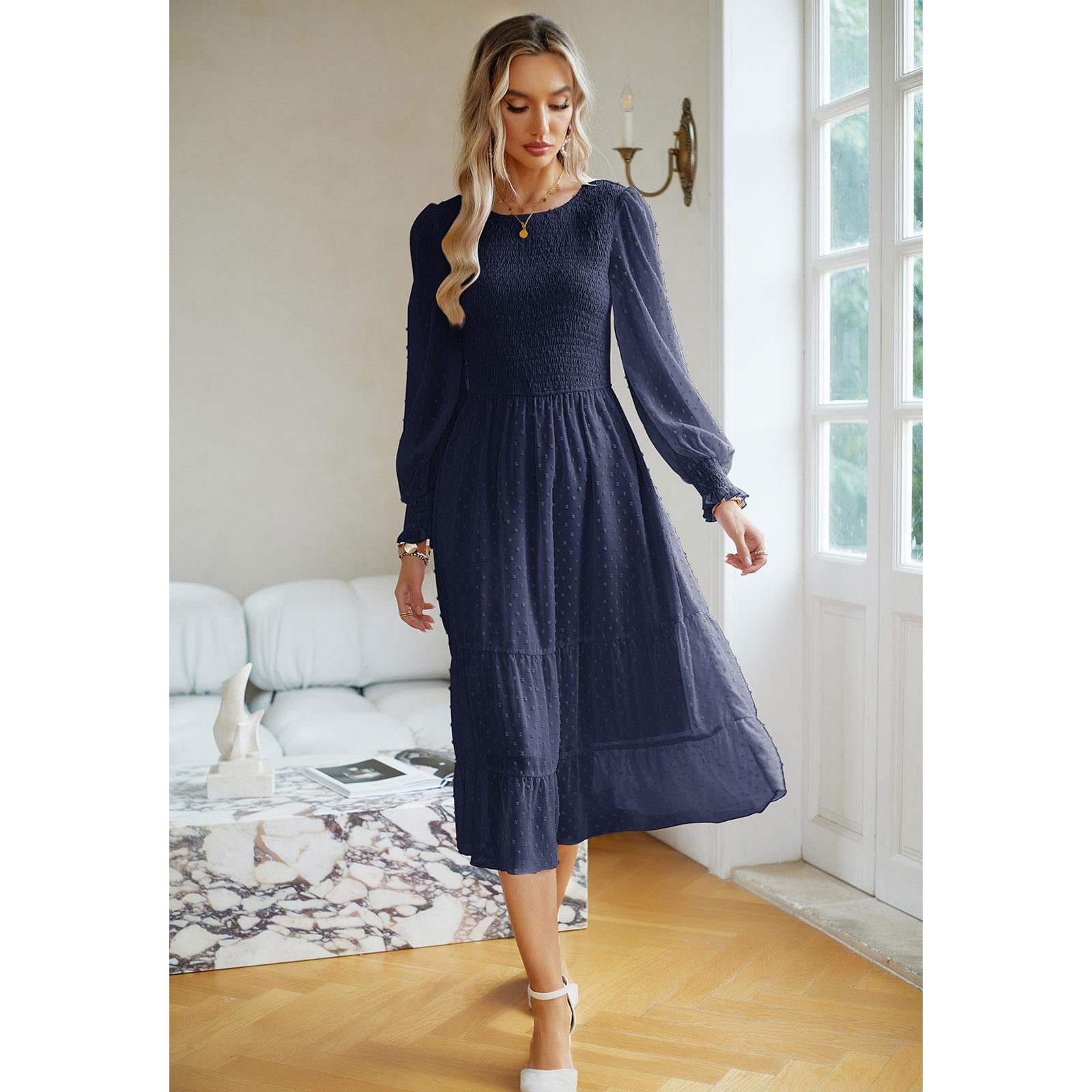 Women's Swiss Dot Long Sleeve Midi Dress - Round Neck Smocked Bodice, Tiered Flowy A-Line, Elastic Fabric, Feminine Balloon Casual Wear Dress