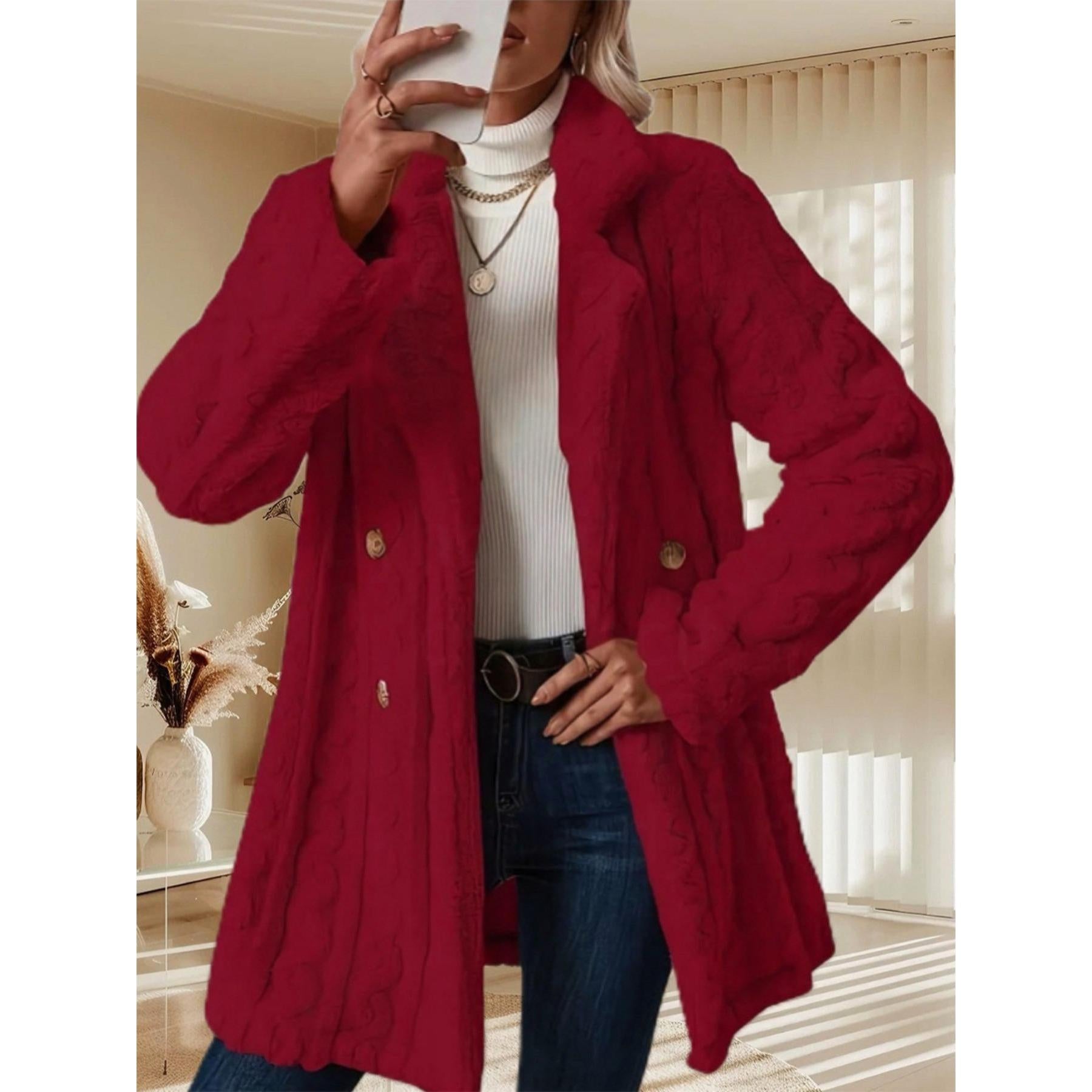 Women's Vintage Cable Knit Warm Plush Mid-Length Coat - Lapel, Double Breasted, 2-Button, Full Sleeves, Casual Winter Outerwear, Buttoned Women's Fleece Jackets (Vintage Clothing)