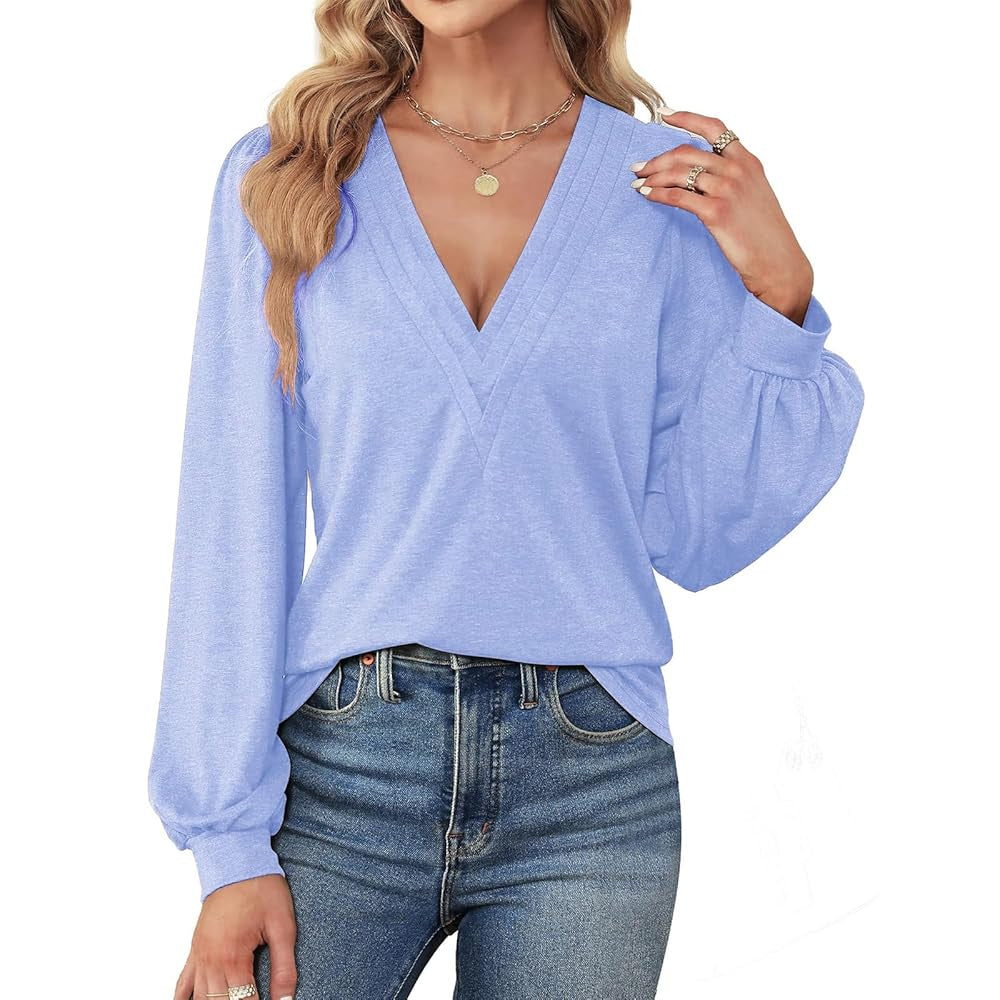 Women's Feminine Knit Deep V-Neck Long Sleeve Blouses - Puff Lantern Sleeves, Pleated Front, Basic Comfy Stretchy Solid Color Loose Fit Casual Shirts for Daily Wear