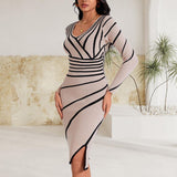 Women's Soft V-Neck Long-Sleeve Geometric Striped Knit Bodycon Slim Midi Dress - Evening Black Dress with Premium Fabric, Statement Formal Party & Office Wear
