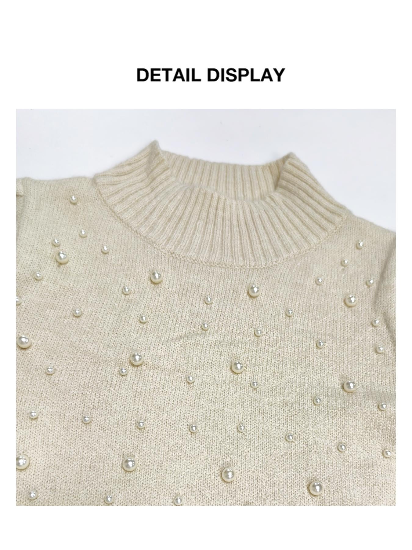 Women's pearl-embellished high-neck knit sweater dress with puff long sleeves, slim fit, bodycon, short length