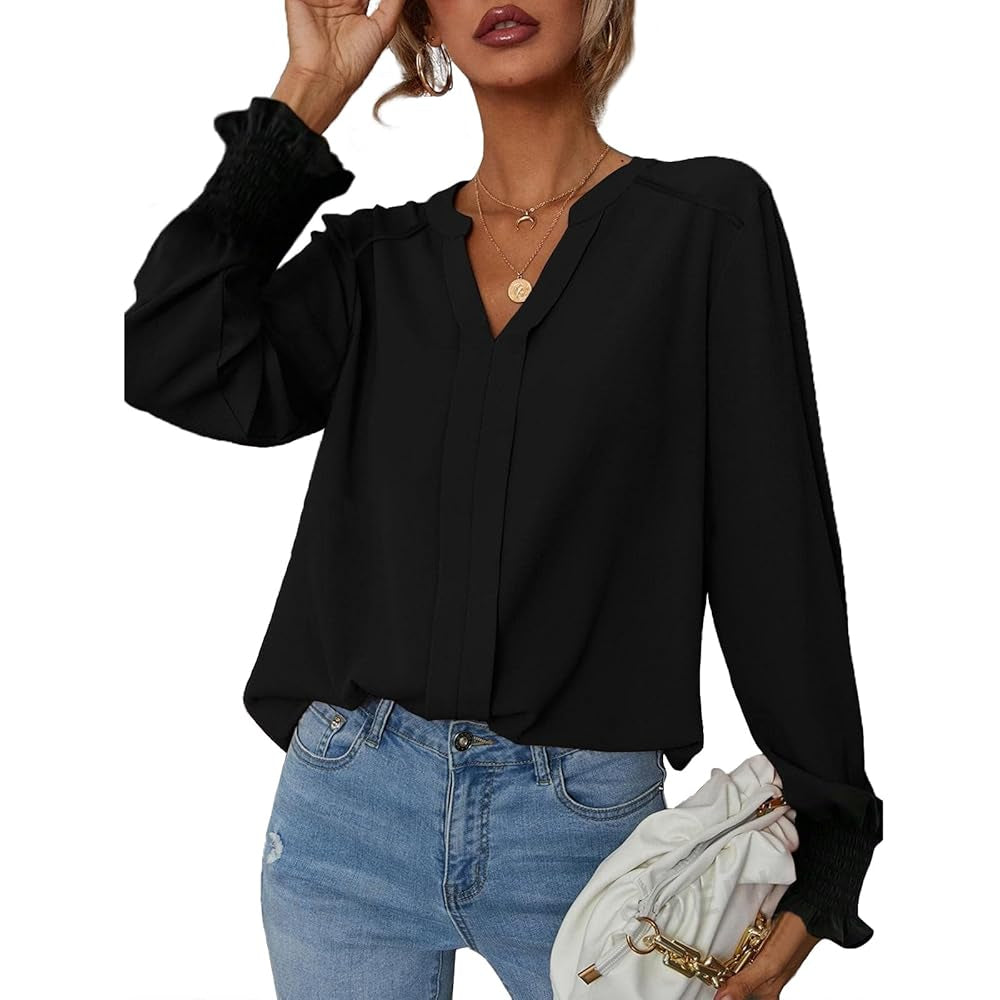 Women's V Neck Chiffon Blouse, Long Sleeve Smocked Cuff Flowy Casual Work Top, Loose Fit Dressy Shirts for Women