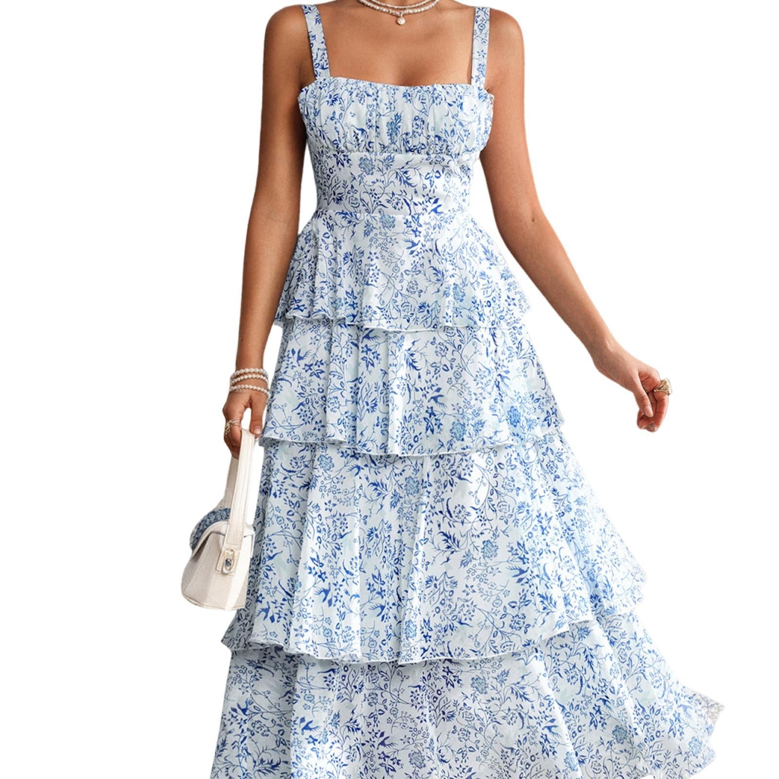 Women's Gorgeous Boho Floral Tiered Maxi Dress - Square Neck, Spaghetti Straps, Back Tie Bow, Cutout, Soft Ruffled Flowy Fabric, Adjustable, Comfortable Piece for Day Vacation Beach