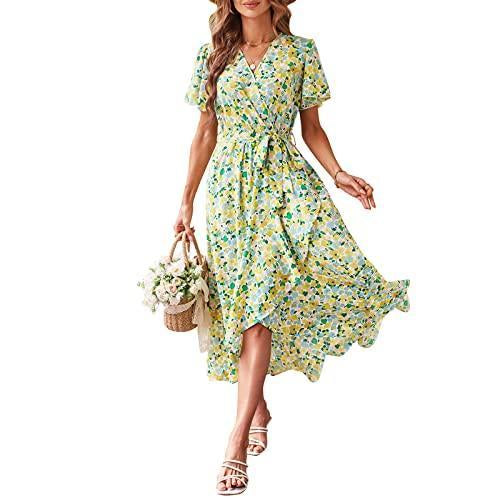 Women's Fitted V-Neck Floral Wrap Casual Midi Dress - Flutter Short Sleeves, Tie Waist, Irregular Ruffle Hem, Gorgeous Bohemian Fabric for Summer Beach Wear