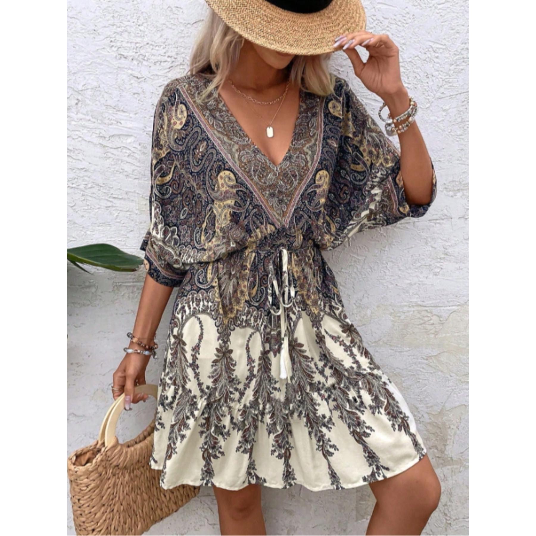 Women's Vintage Loose Boho Casual Paisley Print Mini Dress - Deep V-Neck, Batwing Sleeves, Drawstring Waist, Tiered Ruffled Hem, Gradient Fabric Summer Beach Vacation Dress