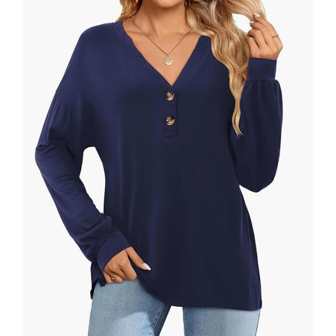 Women's Breathable Henley Long-Sleeve V-Neck Button-Decor Casual Loose Solid Minimalist Tunic Blouse, Everyday Hip Fall Basic Top for Layering Under Jackets