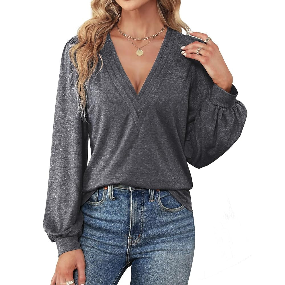 Women's Feminine Knit Deep V-Neck Long Sleeve Blouses - Puff Lantern Sleeves, Pleated Front, Basic Comfy Stretchy Solid Color Loose Fit Casual Shirts for Daily Wear