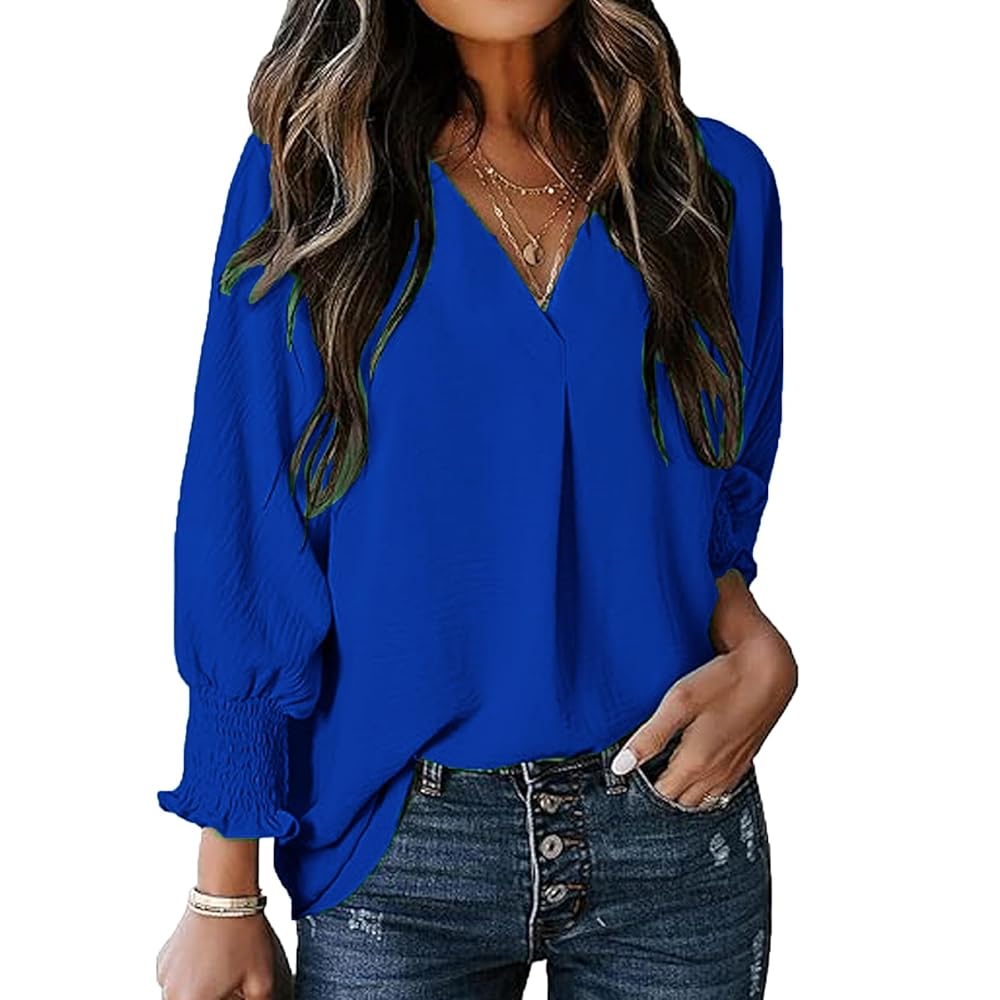 Women V Neck Collared Tunic Blouse, Oversized Loose 3/4 Lantern Smocked Sleeve Textured Casual Longline Shirt