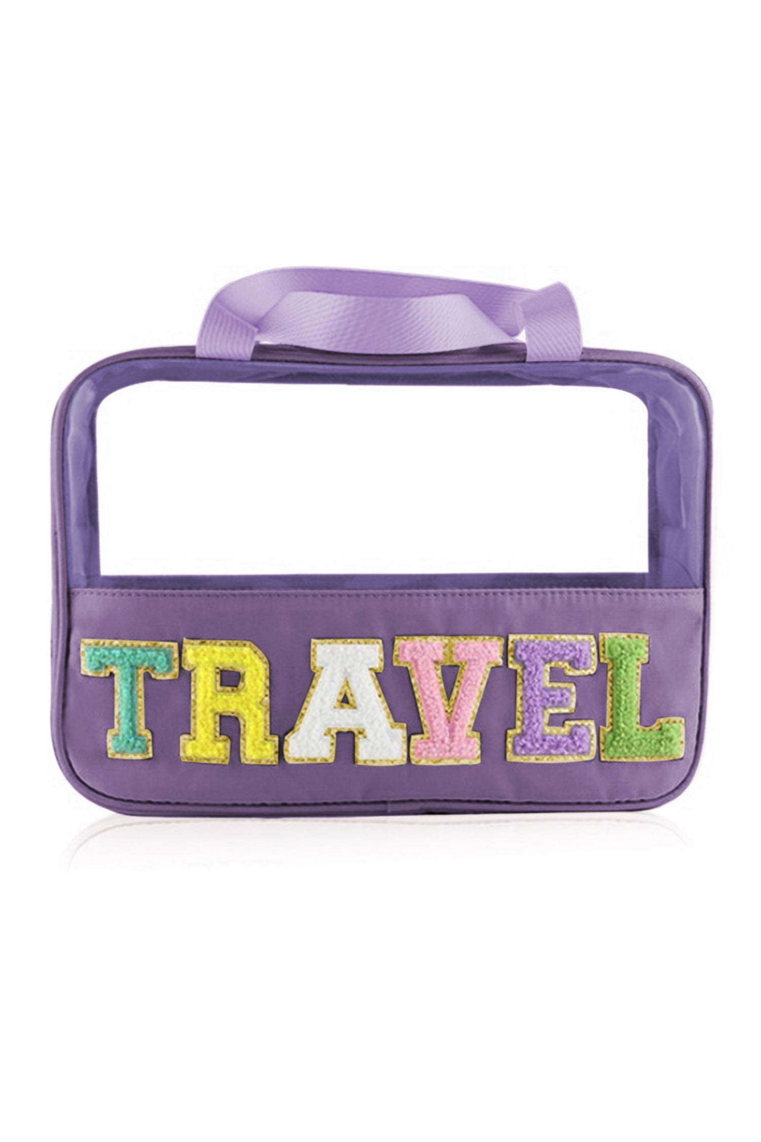Purple TRAVEL Chenille Letter Clear PVC Makeup Bag