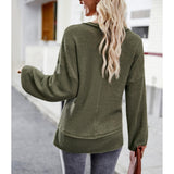 Women's Waffle Knit Raw Edge V-Neck Long Sleeve Blouse with Balloon Cuffs, Casual Loose Fit, Chest Pocket