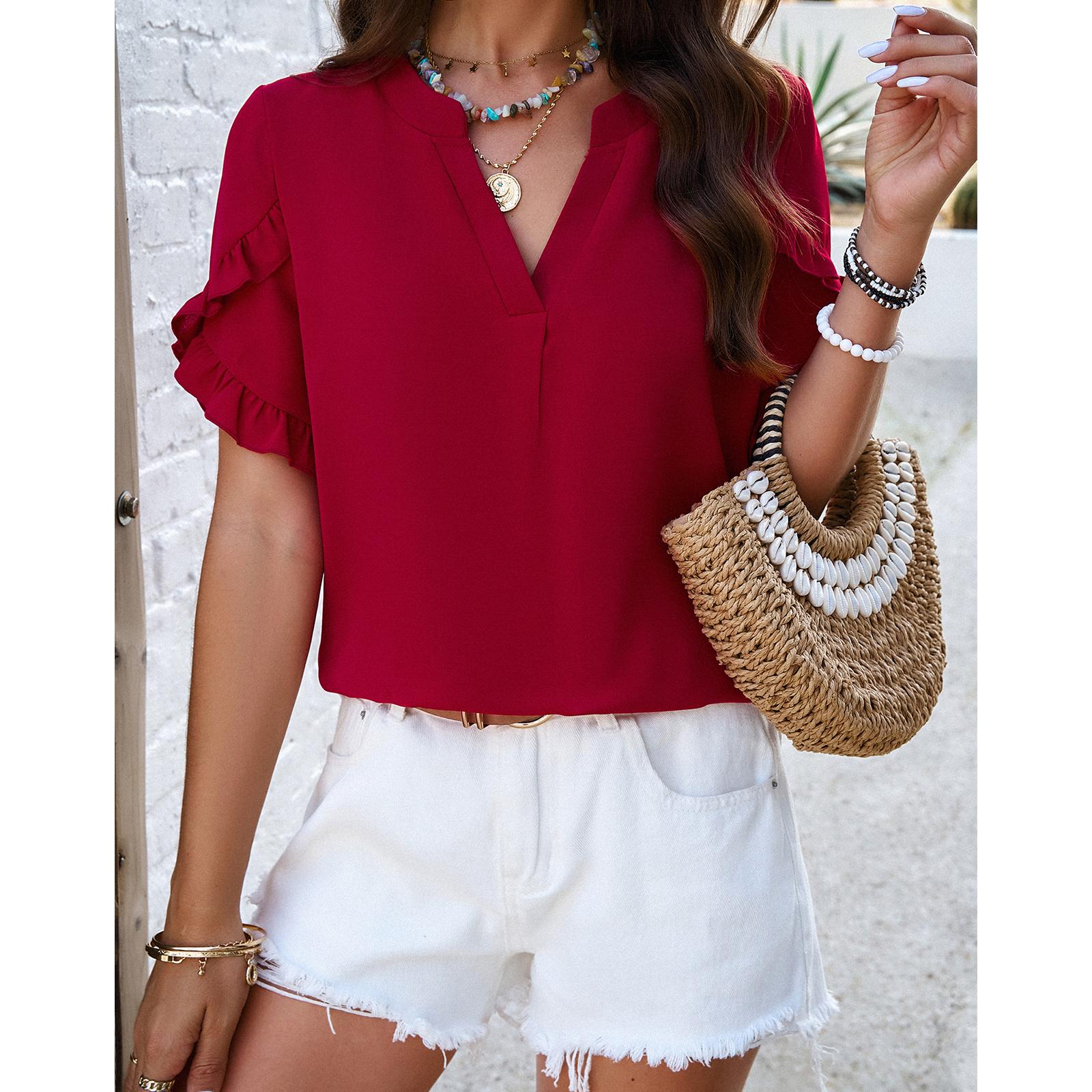 Women Split V Neck Ruffle Short Sleeve Blouse, Loose Flowy Solid Color Summer Chiffon Tunic Top Casual Stand Collar Shirt